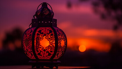 Glowing lanterns illuminate traditional Ramadan celebration at dusk generated by AI