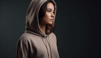 Fototapeta premium Young woman in hooded shirt exudes confidence generated by AI