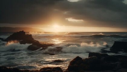 Fototapeta premium Sunset over tranquil seascape, waves splashing rocks generated by AI