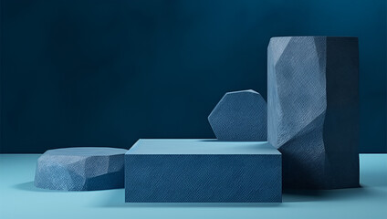blue geometric Stone and Rock shape background, minimalist mockup for podium display or showcase, 3d rendering ai generated