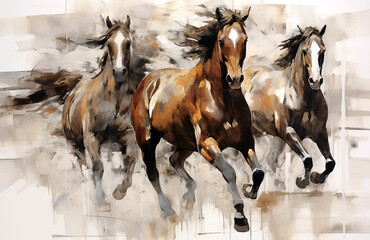 An oil painting depicts a herd of wild horses fleeing.