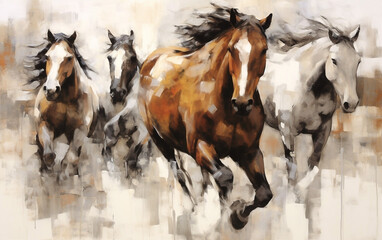 Oil painting depicting a group of running wild horses. Animal painting collection for decoration, wallpaper, and interior.