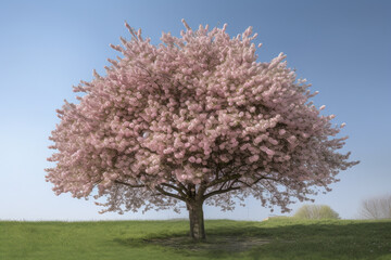 Flowering sakura tree cherry blossom. Single tree on the horizon with white flowers in the spring. Fresh green meadow with blue sky