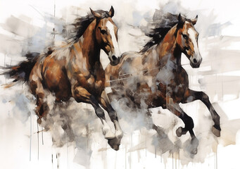 Oil painting of horses running in a field with a fence in the background. Animal painting collection for decoration, wallpaper, and interior.