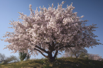 Naklejka premium Flowering sakura tree cherry blossom. Single tree on the horizon with white flowers in the spring. Fresh green meadow with blue sky