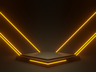 3D black geometric podium with yellow neon lights. Sci-Fi mock up.