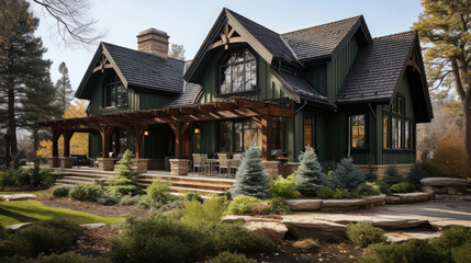 Modern single story ranch house exterior. Generative AI