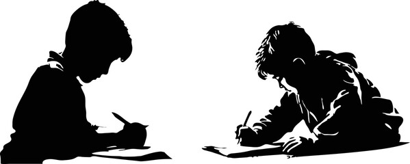 boy focus sitting writing drawing or doing homework silhouette