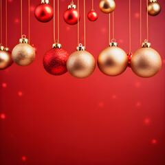 Christmas balls hanging on red background. AI Generative.