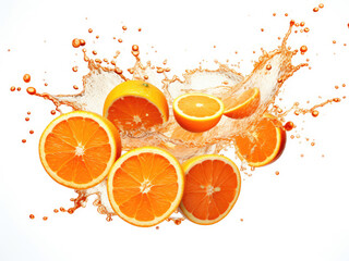 Fototapeta na wymiar An explosion of red orange with slices on white background
