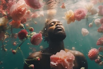 Black afro man in the sea, ocean under water with flowers, peonies and roses. The concept of psychedelia, relaxation and health. Generated AI - obrazy, fototapety, plakaty
