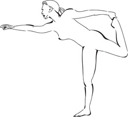 Line drawing of a woman doing an exercise stretch. Health care and lifestyle concept. Hand-drawn Vector illustration.