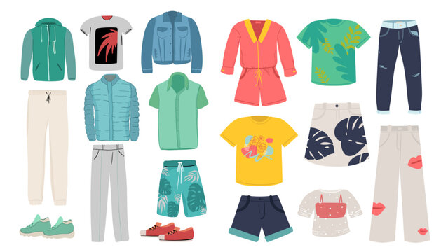 Woman and man clothes and accessories collection - fashion wardrobe - vector color illustration,