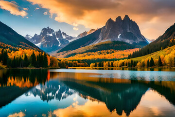 Obraz premium A tranquil lake landscape nestled within a serene valley, surrounded by majestic mountains