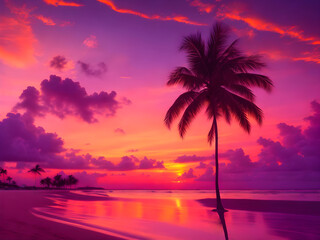 Obraz na płótnie Canvas Serene beach at sunset with palm trees, generative ai