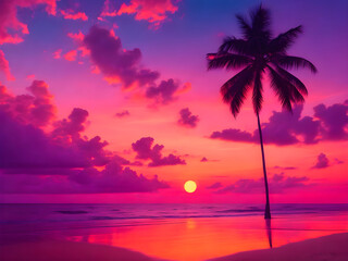 Obraz na płótnie Canvas Serene beach at sunset with palm trees, generative ai