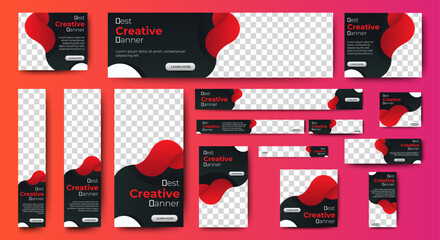 set of web banners of different sizes with black and red elements and a place for photos.
