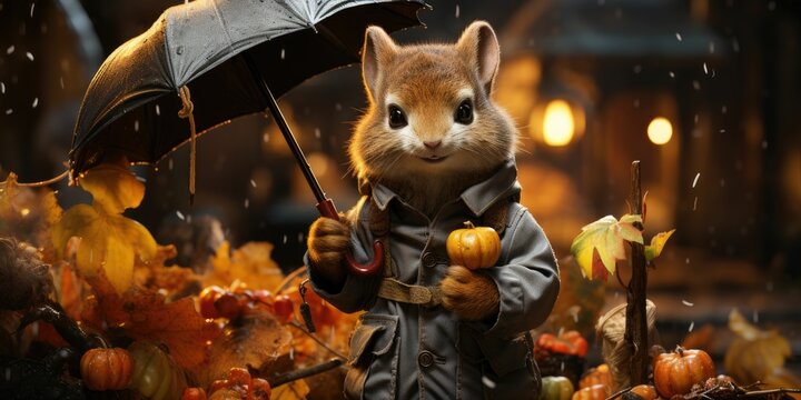  3d cute squirrel , autumn fantasy background