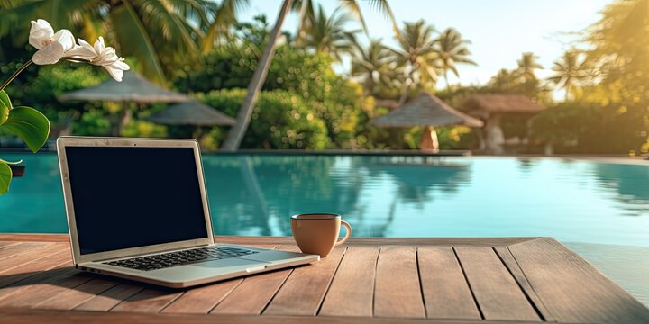 Work by the poolside. With laptop on wooden table. Technology and business for work where notebook opens up view to relax holiday. Lifestyle, travel, and digital freelancing by cup of coffee