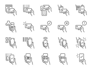 Cashless payment icon set. It included credit card, debit card, mobile app, scan, and more icons. Editable Vector Stroke.