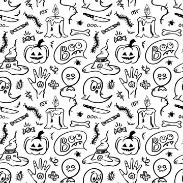Vector hand drawn seamless pattern background. Set Halloween pictures in doodle style. Line art illustrations