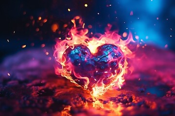 Obraz na płótnie Canvas Burning bright pink heart in blue fire on a dark background - Generative AI
