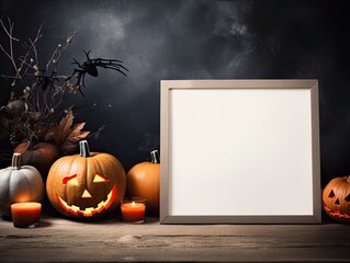 White blank copy space framed with halloween carved jack-o-lanterns pumpkins and candles on black foggy misty background. Generative AI
