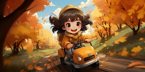 Foto op Canvas cartoon cute girl at autumn park © Daunhijauxx