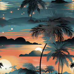 Fototapeta na wymiar background with palm trees and stars, seamless pattern, Ai generative