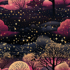 Fantasy night landscape with trees ,Forest seamless pattern, Ai generative