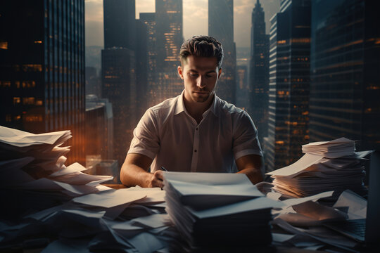 Career, overtime, exhaustion, workaholic concept. Office worker at workplace, young caucasian man in shirt working at table littered with pile of papers and documents at night