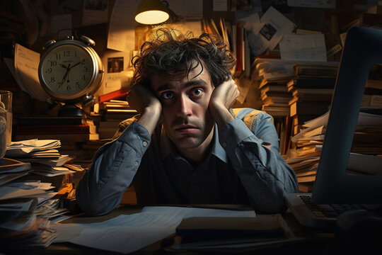 Tired office worker at the workplace, anxious frustrated young caucasian man working at a table littered with a pile of papers and documents. Deadline, overtime, exhaustion, workaholic concept