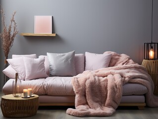 Cozy Sofa with Pastel Fluffy Blanket - AI Generated