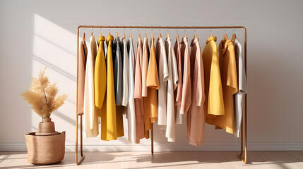 A rack of full clothes on hanger again white wall background created with Generative AI