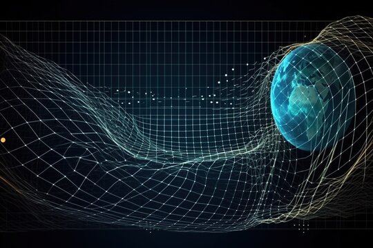 Gravity planet earth, gravitational waves concept. Physical and technology background. Design with gravity grid and spheres, line warp, Curved spacetime. In the general theory of relativity