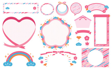 秋の和風モチーフと幾何学模様のおしゃれデザインフレーム＆あしらいベクター素材セット_ピンク