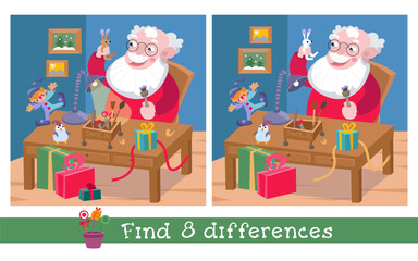 Find 8 differences. Game for children. Cute Santa Claus makes gifts. Christmas workshop with furniture, objects. Vector cartoon illustration. 
