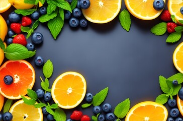 Summer themed background featuring refreshing lemon fruits, juicy oranges, vibrant blueberries, and fresh mint leaves, perfect for creating delicious and revitalizing summer lemonade. Generative AI.