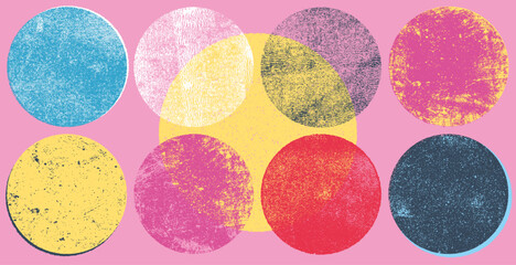 Eroded, grunge texture circles. Circles with rough rolled ink textures taken from high resolution scans. Variety of rough and subtle textures for stamp, callout, logo, icon backgrounds.