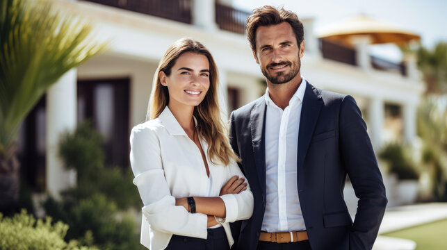 Pair of real estate agents, showcasing a luxurious villa in the background. Generative AI