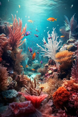 Fototapeta na wymiar A diverse underwater world with colorful shoals of tropical fish in front of a coral reef. The concept of diving and active summer vacation. Generated by artificial intelligence.