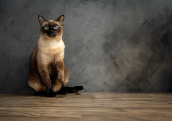 Siamese cat with blue eyes sitting on wooden table with black background. Blue diamond cat sitting...