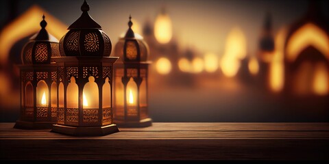 empty wooden table lantern islamic , banner 