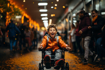 Fototapeta na wymiar Little boy races through school corridor in his wheelchair