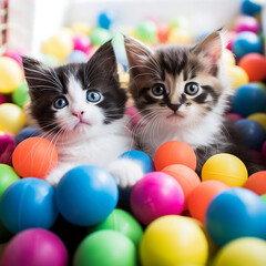 Fototapeta na wymiar Enthusiastic kittens in a vibrant ball pit, playful exploration and uncontainable joy of feline companions discovering a colorful world.