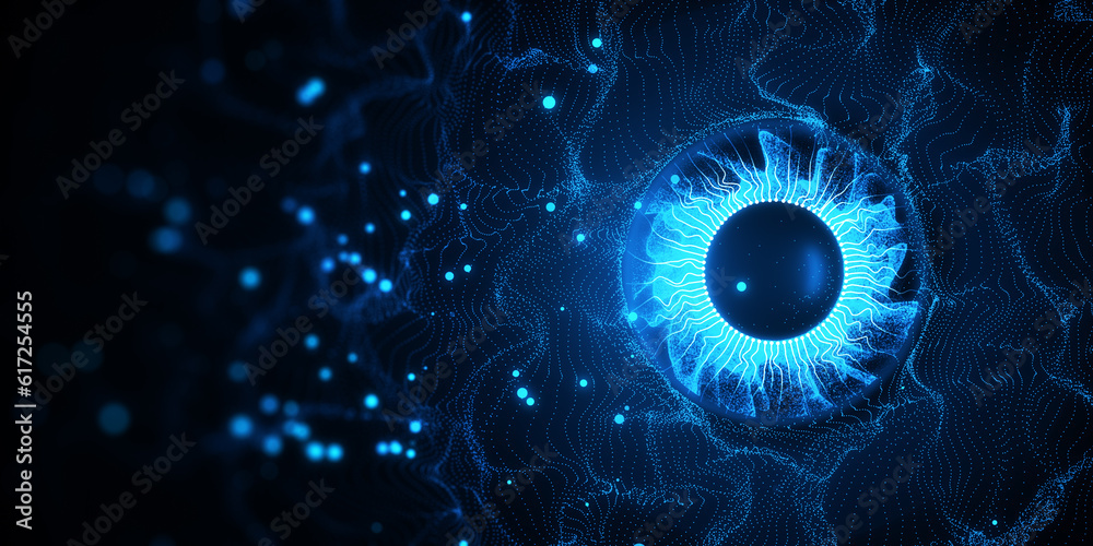 Poster Abstract digital blue eye iris on blurry tech backdrop. Technology and vision concept. 3D Rendering.