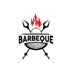 Barbeque Logo, Hot Grill Design With Fire And Spatula, Vector BBQ Grill Vintage Tripography, Retro Rustic Logo For Cafe, Restaurant, Bar