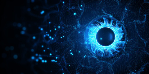 Abstract digital blue eye iris on blurry tech backdrop. Technology and vision concept. 3D Rendering. © Who is Danny