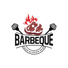 Barbeque Logo, Hot Grill Design With Fire And Spatula, Vector BBQ Grill Vintage Tripography, Retro Rustic Logo For Cafe, Restaurant, Bar