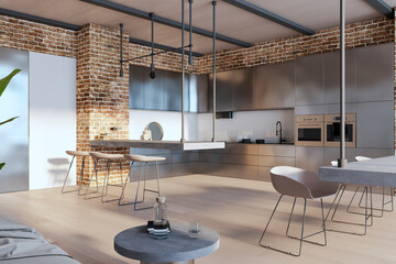 Modern loft brick kitchen interior. 3D Rendering.